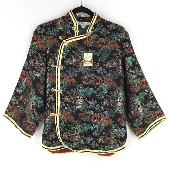Solz Squirrel Jackets & Blazers - Vintage Solz Squirrel Satin Asian Jacket Womens sz L Black Multi 3/4 Sleeve NEW